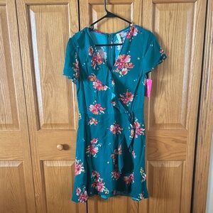 Xhilaration Teal Floral Wrap-Style Mini Dress